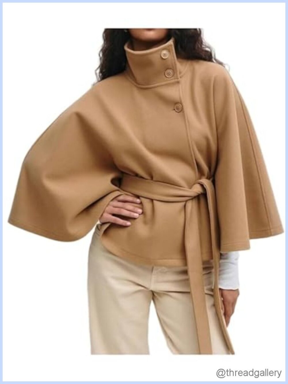 Batwing Sleeve Poncho Coat Wool Blend Belted Cape Jacket Winter